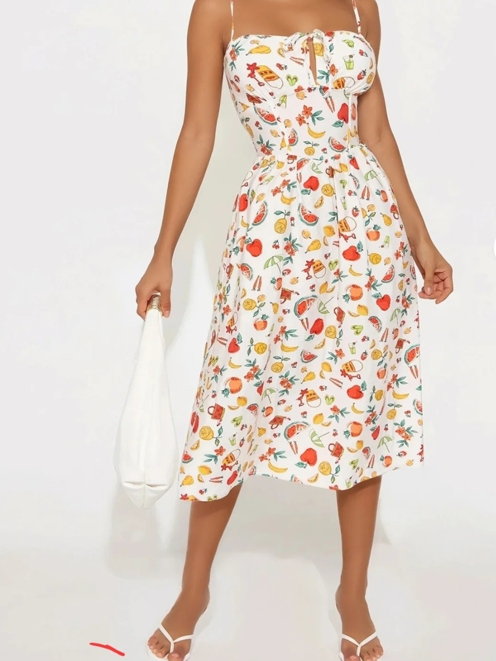 Fashion Nova White Fruit-Print Midi Dress with Spaghetti Straps